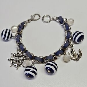 VINTAGE Nautical Beaded Charm Silver Tone Bracelet with Striped Beads Anchor